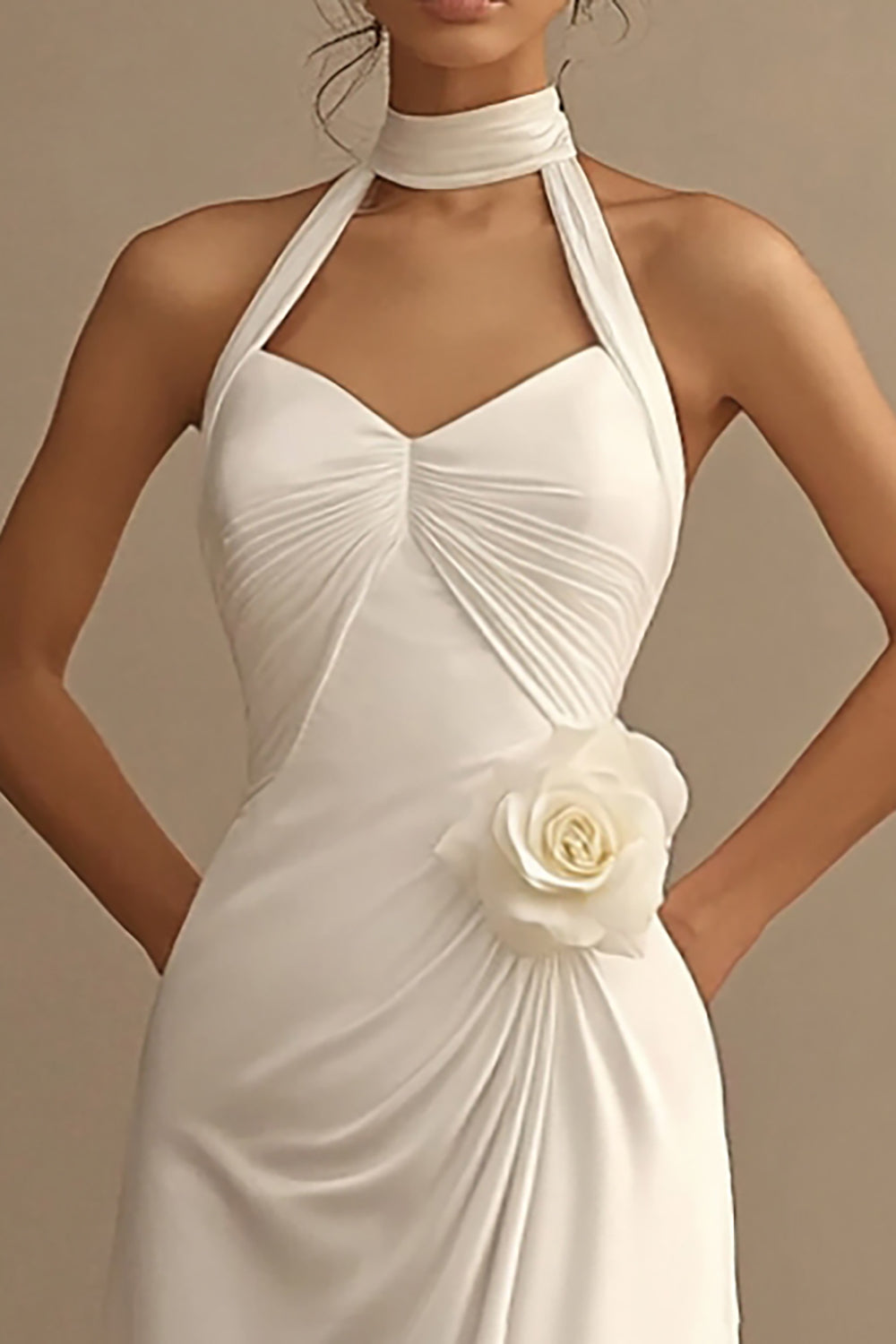 A Line White Halter Ruched Wedding Dress with 3D Flower