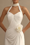 A Line White Halter Ruched Wedding Dress with 3D Flower