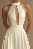 White A-Line High Neck Satin Long Bridal Dress With Hollow Out