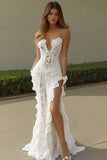 White Strapless Ruffled Lace Mermaid Wedding Dress