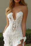 White Strapless Ruffled Lace Mermaid Wedding Dress