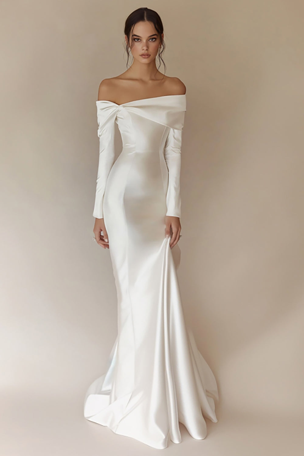 White Off The Shoulder Mermaid Wedding Dress with Long Sleeves