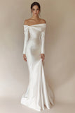 White Off The Shoulder Mermaid Wedding Dress with Long Sleeves
