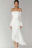 White Off The Shoulder Chiffon Graduation Dress with Long Sleeves