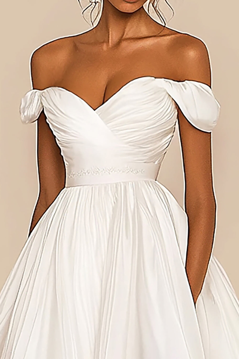 Off The Shoulder White A Line Ruched Graduation Dress