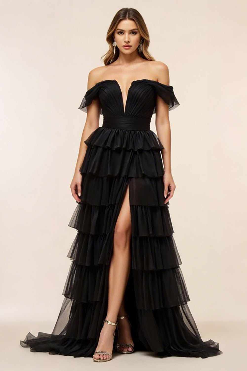 Chiffon Black Tiered Off the Shoulder Prom Dress with Slit
