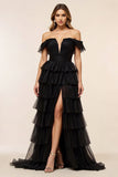 Chiffon Black Tiered Off the Shoulder Prom Dress with Slit
