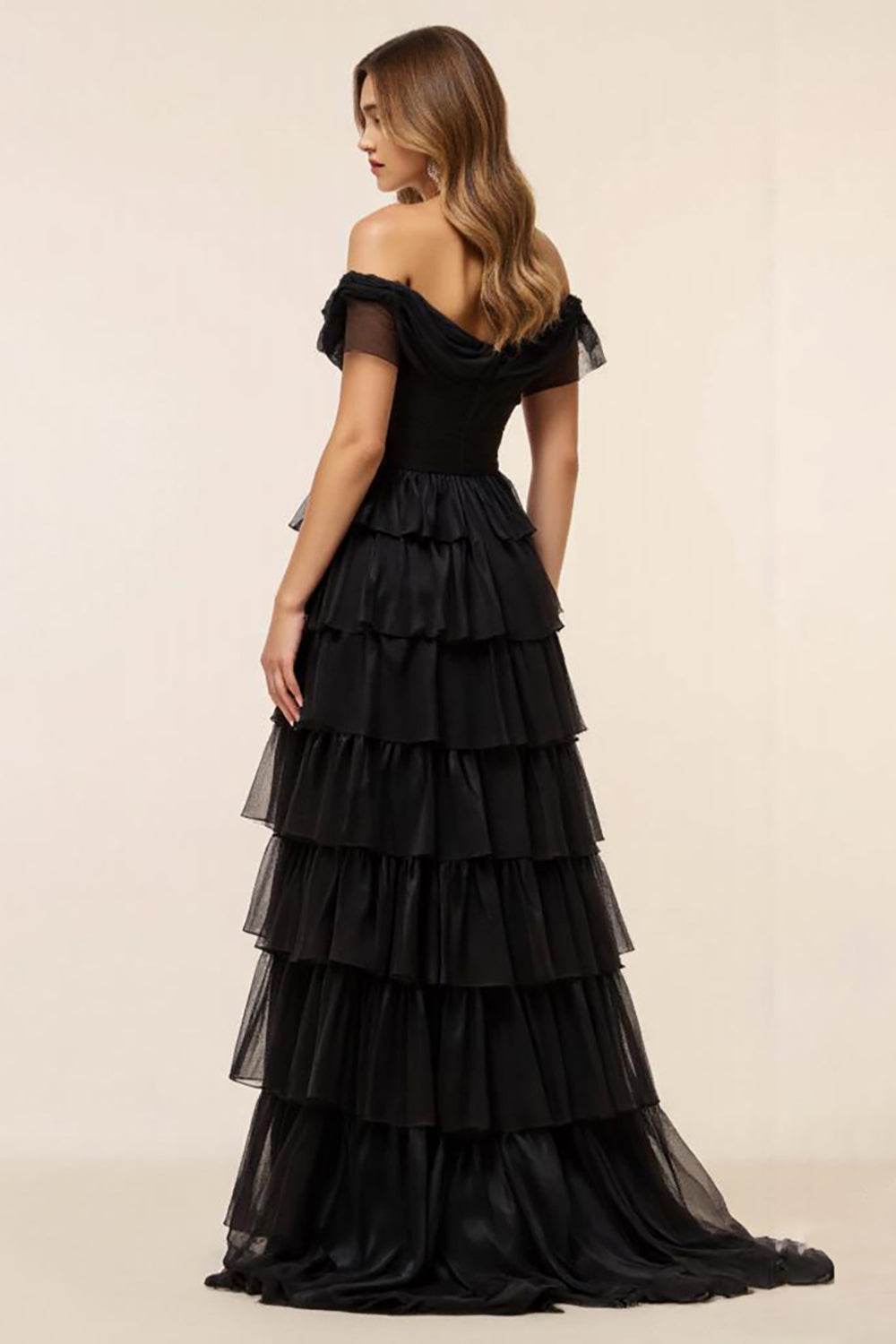 Chiffon Black Tiered Off the Shoulder Prom Dress with Slit
