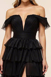Chiffon Black Tiered Off the Shoulder Prom Dress with Slit