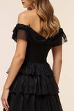 Chiffon Black Tiered Off the Shoulder Prom Dress with Slit