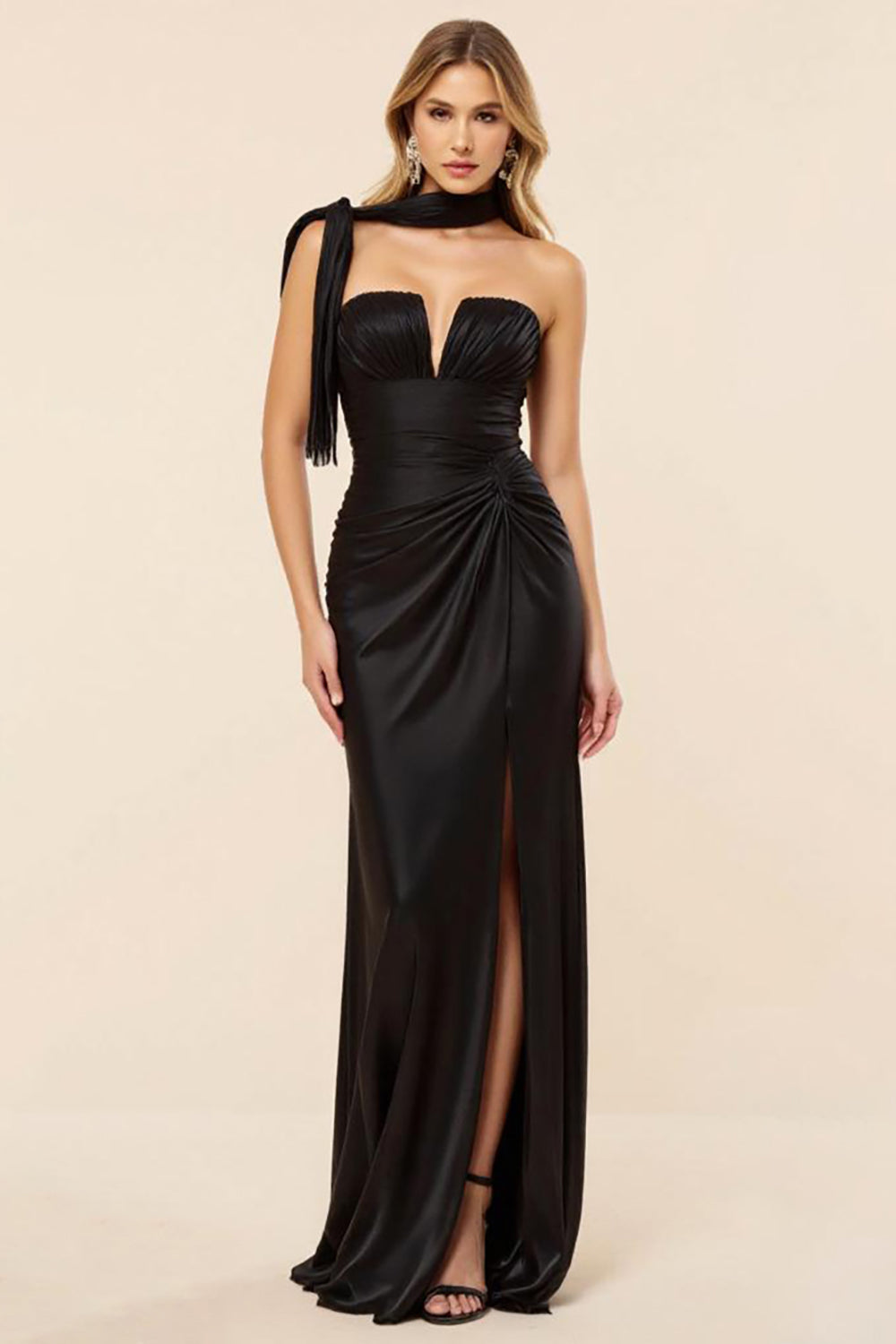 Strapless Sheath Ruched Satin Black Prom Dress with Slit