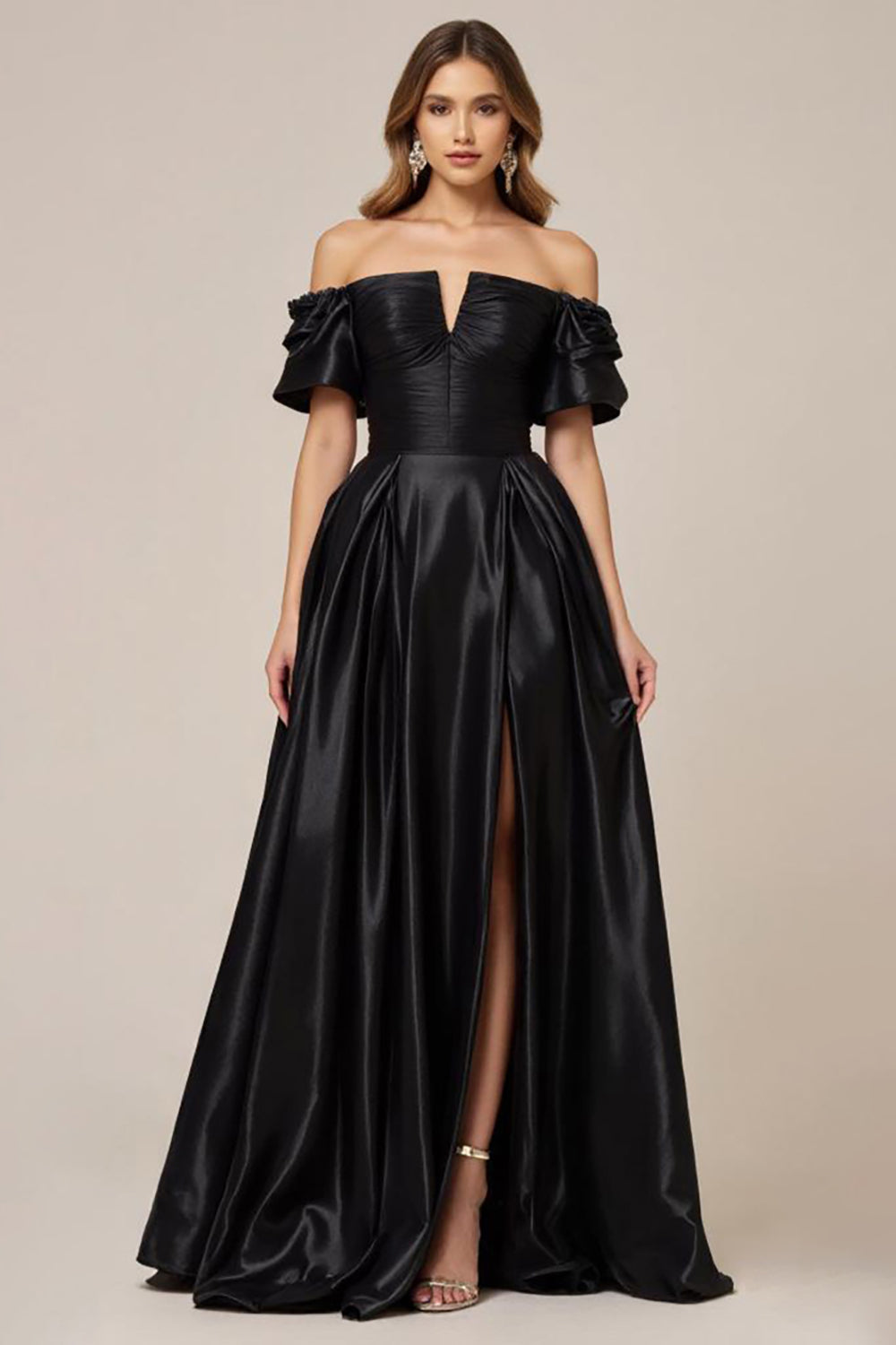 Black Satin Off the Shoulder A Line Prom Dress with Slit