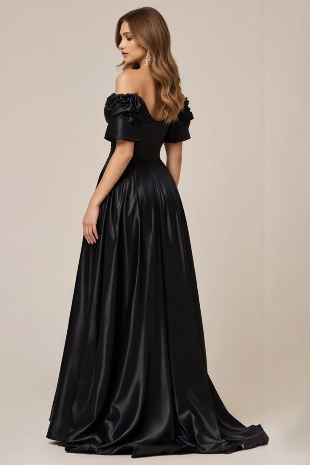 Black Satin Off the Shoulder A Line Prom Dress with Slit