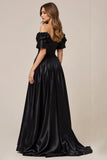 Black Satin Off the Shoulder A Line Prom Dress with Slit