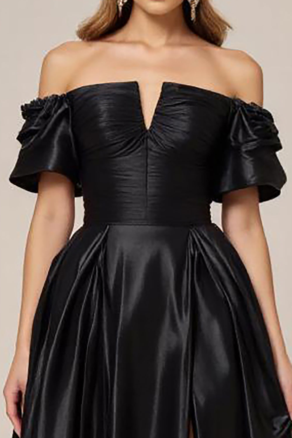 Black Satin Off the Shoulder A Line Prom Dress with Slit