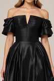 Black Satin Off the Shoulder A Line Prom Dress with Slit