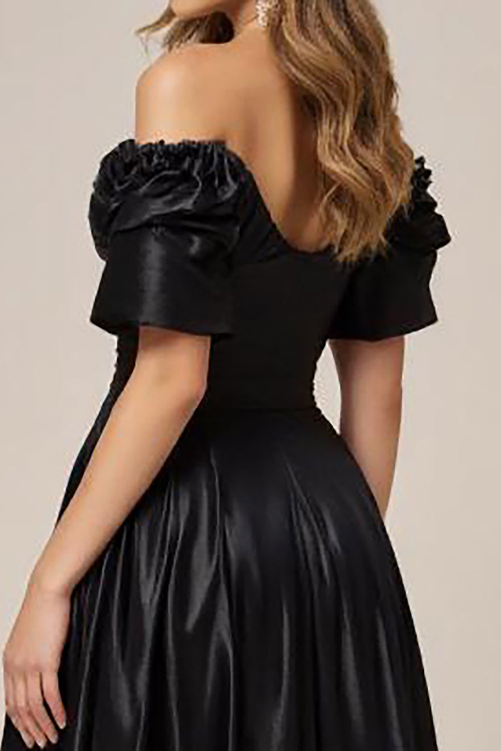 Black Satin Off the Shoulder A Line Prom Dress with Slit