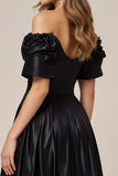 Black Satin Off the Shoulder A Line Prom Dress with Slit