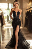 Sparkly Straplesss Black Mermaid Sequins Prom Dress with Slit