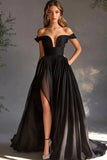 Black Off The Shoulder A Line Chiffon Prom Dress