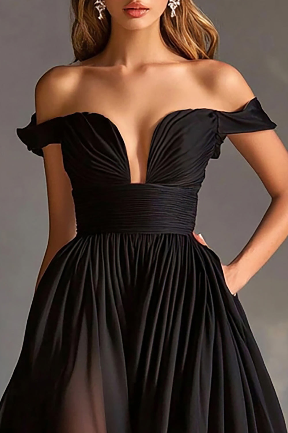 Black Off The Shoulder A Line Chiffon Prom Dress