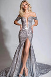Silver Mermaid Off The Shoulder Sequins Prom Dress
