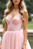 Pink A Line Spaghetti Straps Long Prom Dress with Lace