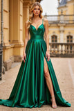 Dark Green A Line Spaghetti Straps Satin Long Prom Dress