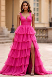 Fuchsia A Line V-Neck Tulle Long Prom Dress with Ruffles