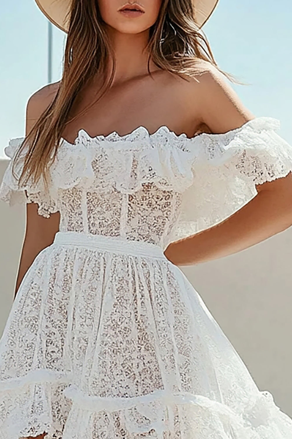 Lace Off the Shoulder White A Line High-Low Graduation Dress