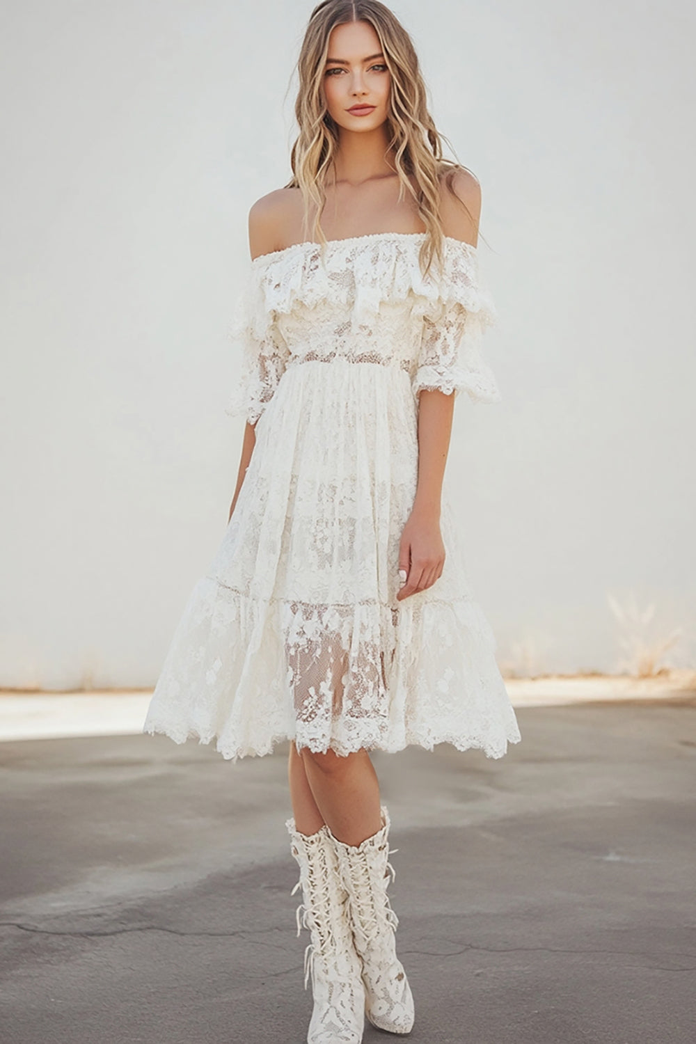 Off the Shoulder White Lace A Line Graduation Dress