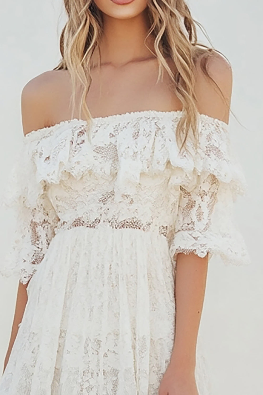 Off the Shoulder White Lace A Line Graduation Dress
