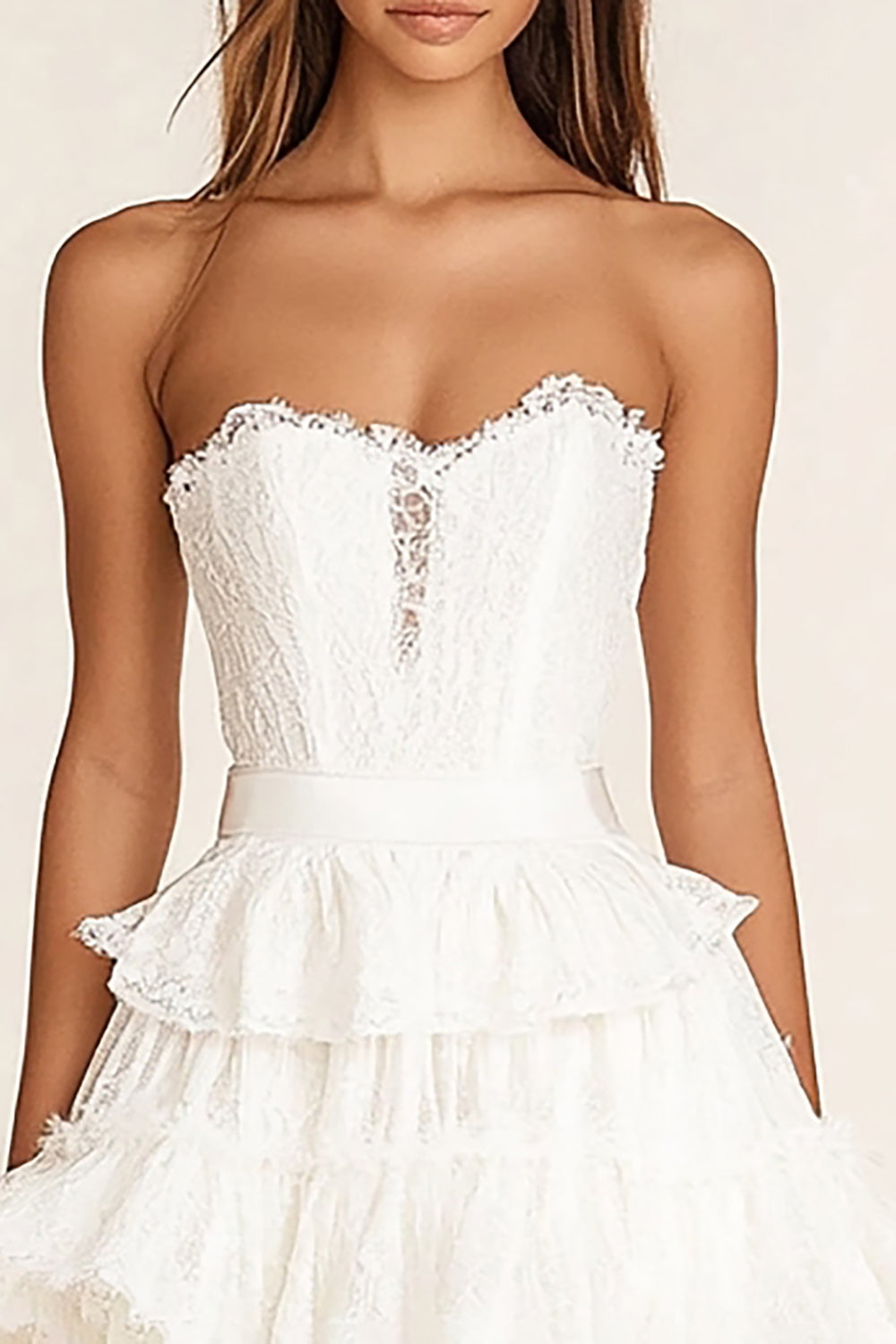 Strapless White Lace Short Graduation Dress with Ruffles