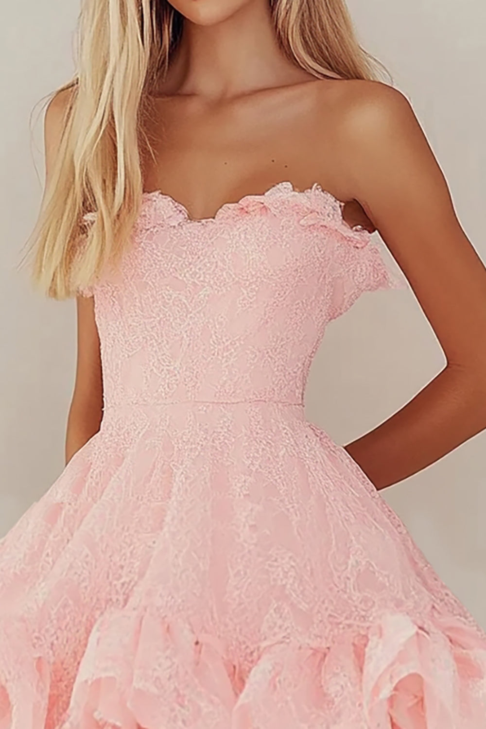 Pink Sweetheart Lace Short Graduation Dress with Ruffles