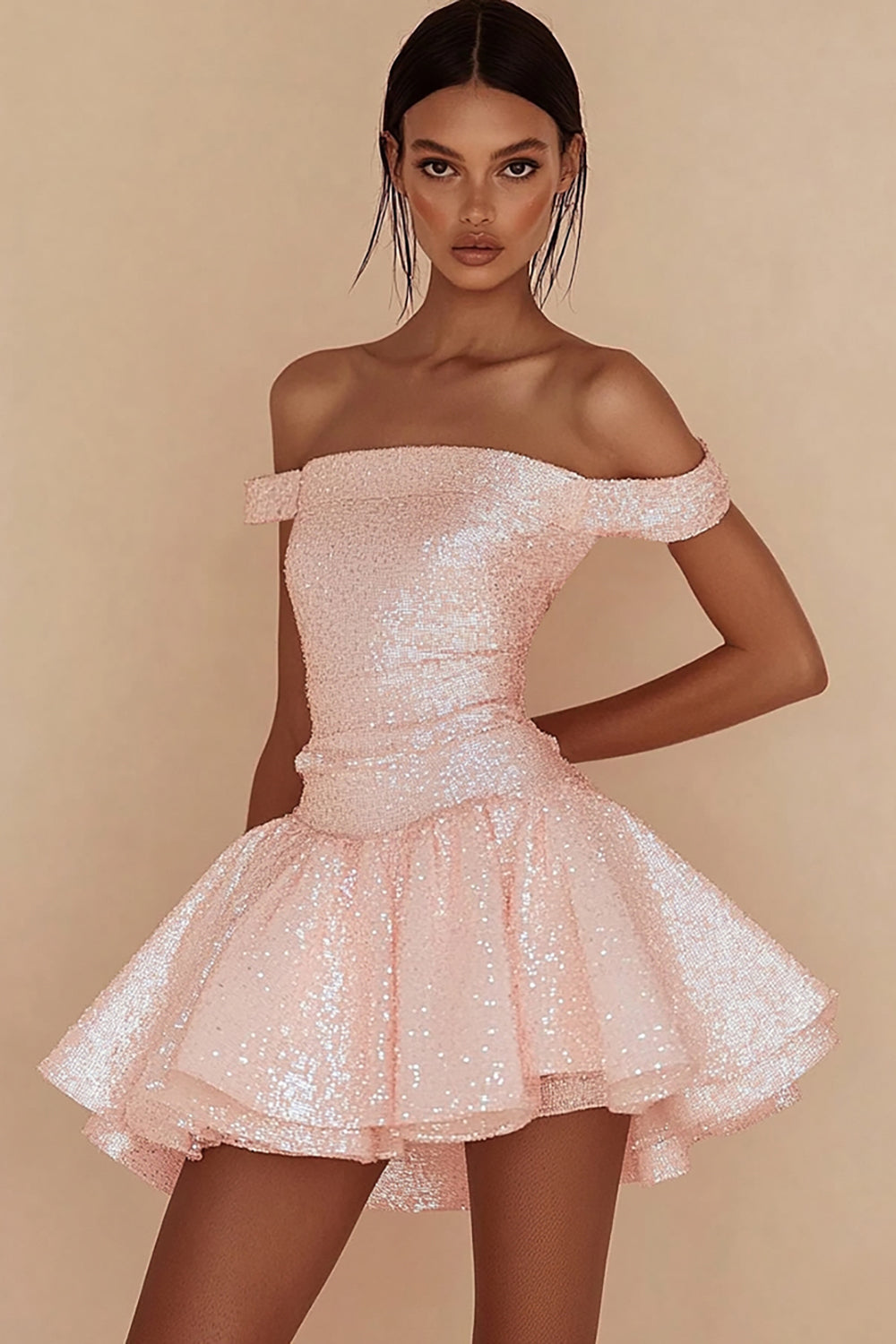 Sparkly Off the Shoulder Pink Short Graduation Dress