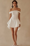 Off the Shoulder White Satin Graduation Dress with Beading