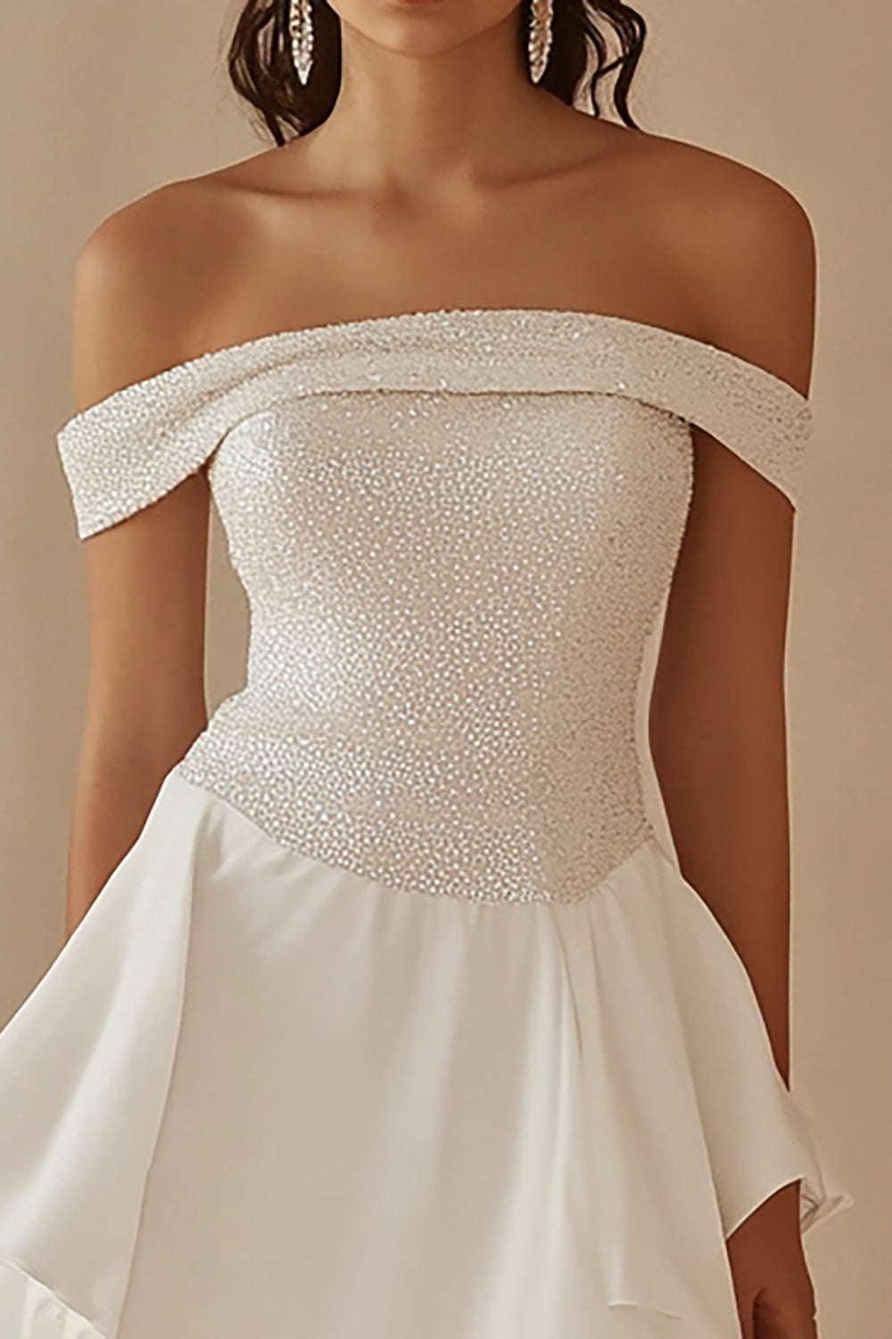 Off the Shoulder White Satin Graduation Dress with Beading