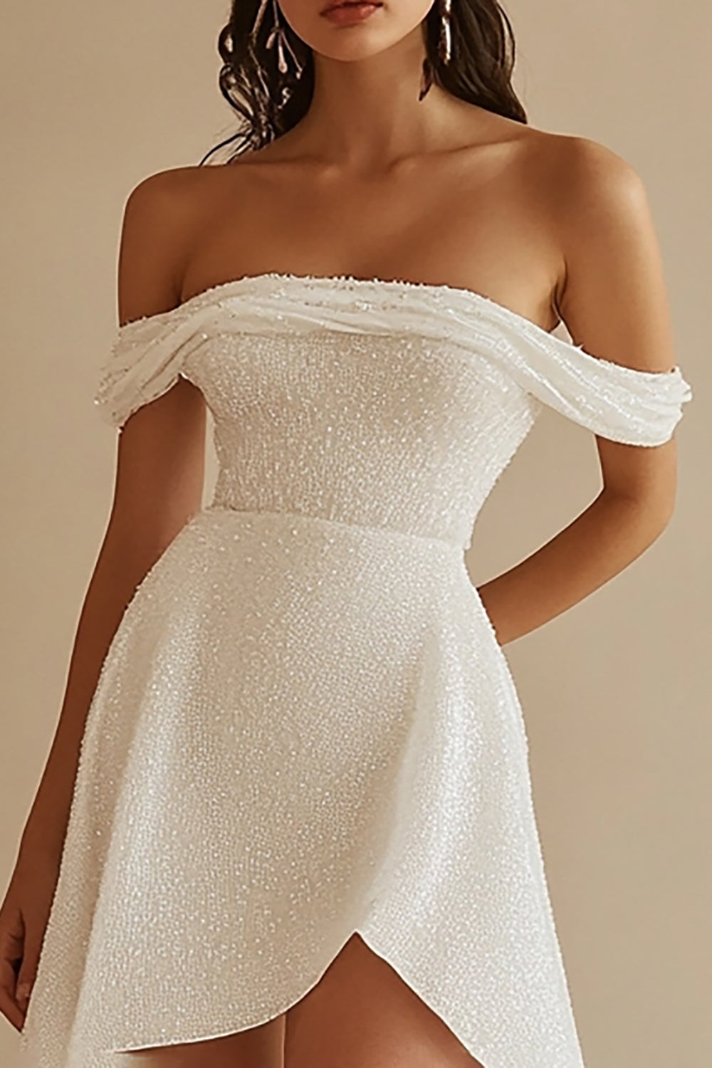Sparkly White Sequins Off the Shoulder Graduation Dress