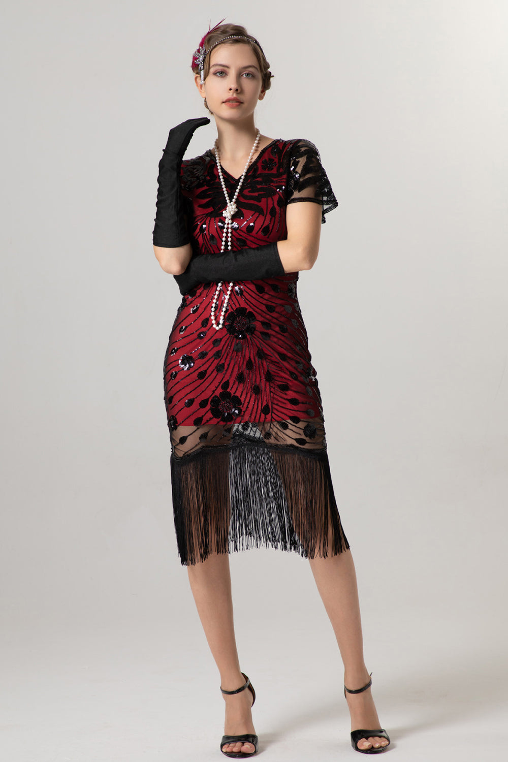 Sparkly Black Golden Fringed V Neck 1920s Dress with Short Sleeves