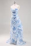 Strapless Mermaid White Blue Floral Prom Dress