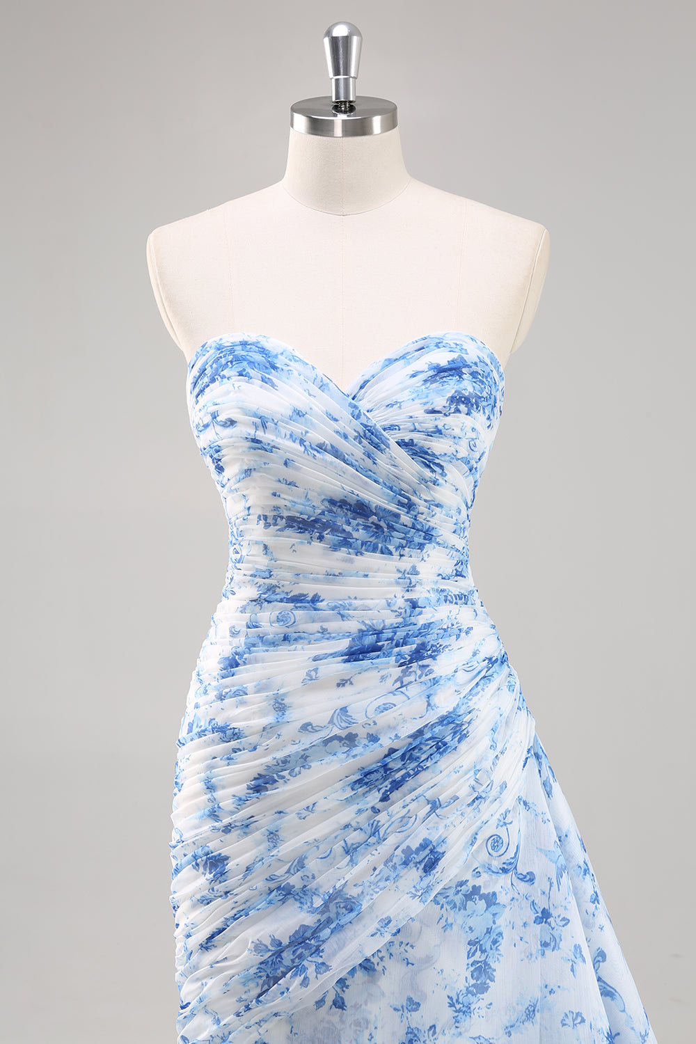 Strapless Mermaid White Blue Floral Prom Dress