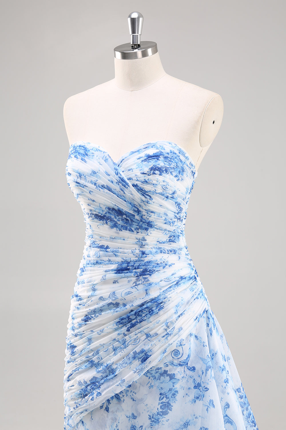 Strapless Mermaid White Blue Floral Prom Dress