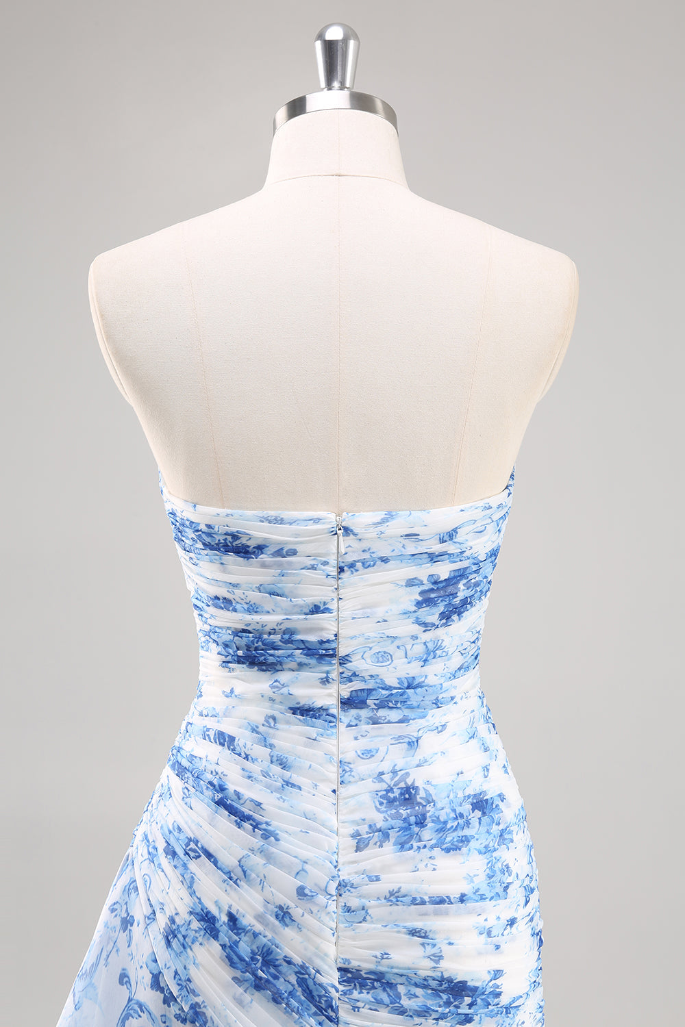 Strapless Mermaid White Blue Floral Prom Dress