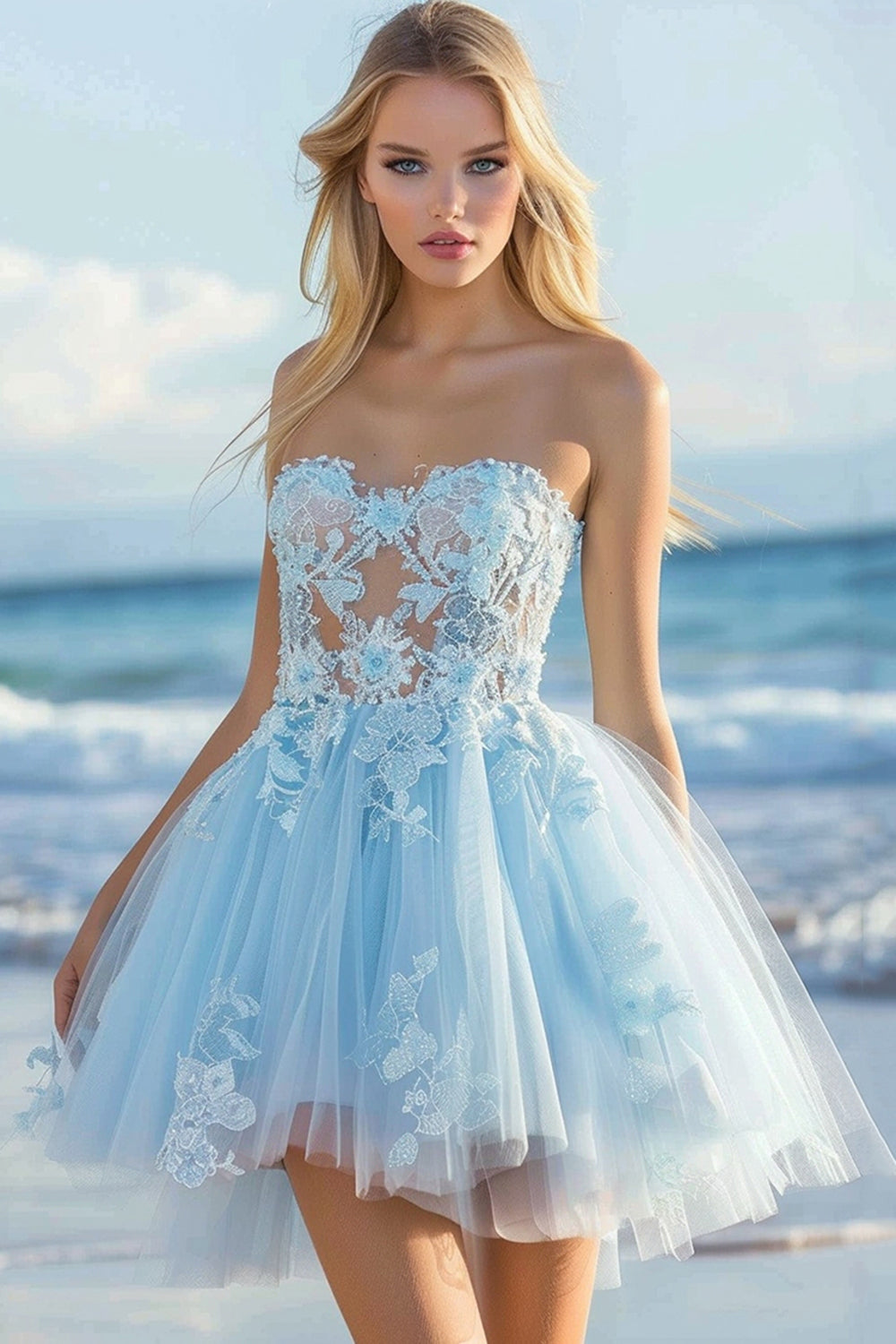 Strapless Tulle Sky Blue Short Prom Dress with Appliques
