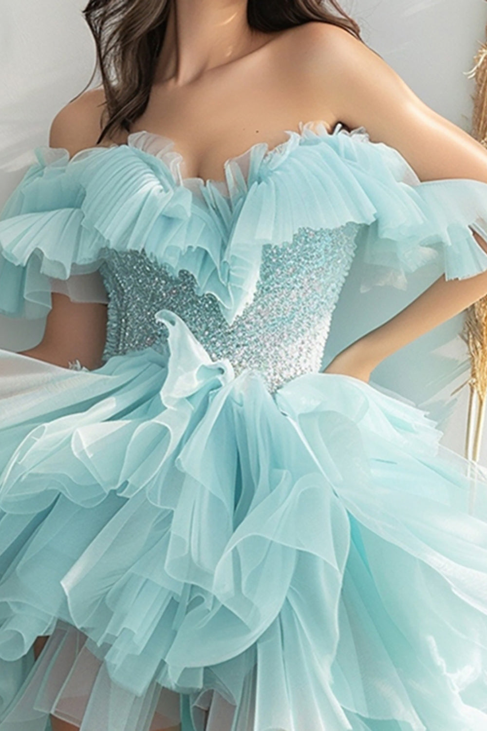 Off the Shoulder Light Green Tulle Beaded Short Prom Dress