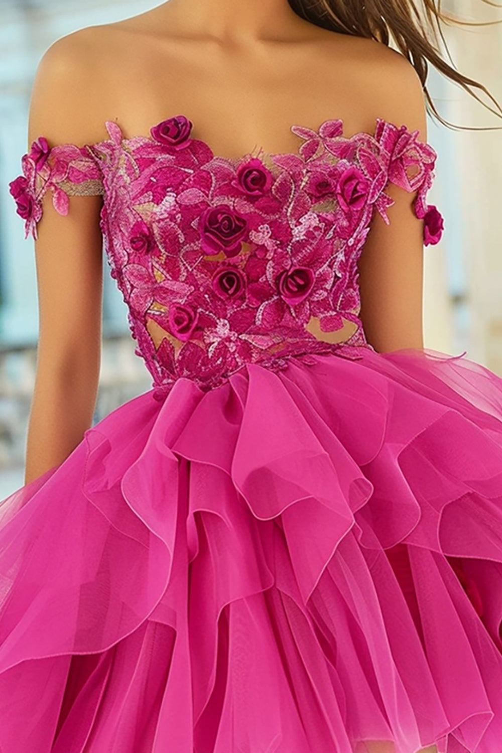 Fuchsia Off the Shoulder Short Prom Dress with 3D Flowers