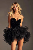Strapless Ruffled Tulle A Line Black Short Prom Dress