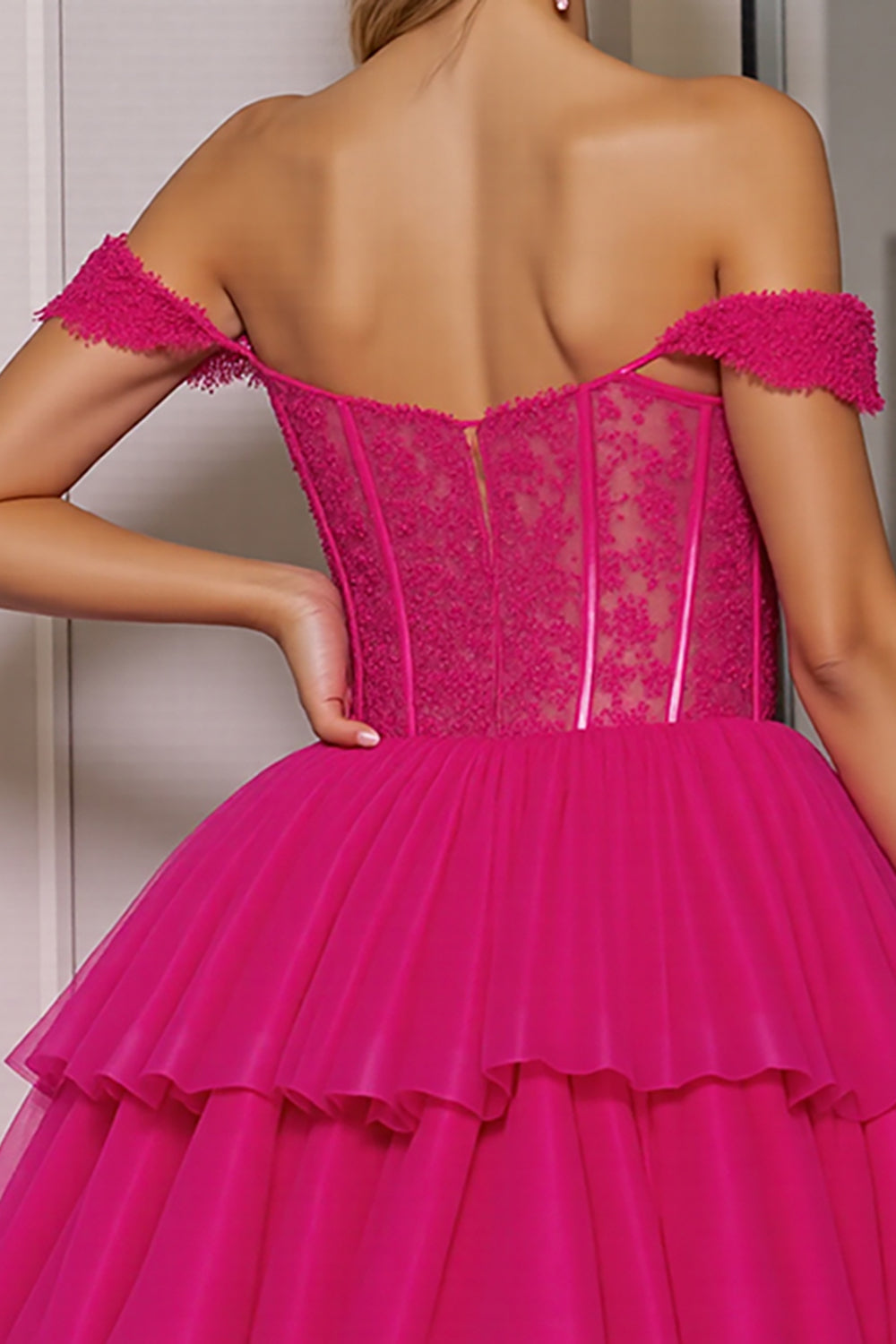 Fuchsia Off The Shoulder Corset A Line Short Prom Dress