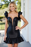 Black Cap Sleeves Ruffled Tight Cocktail Dress