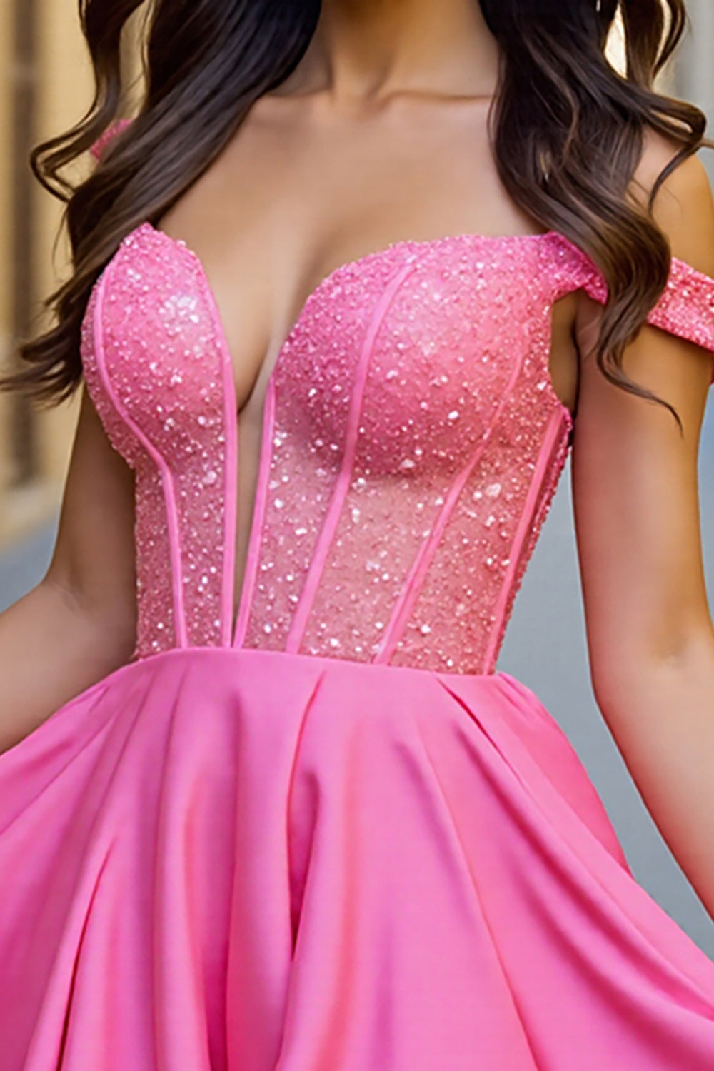Fuchsia Cold Shoulder Corset Sequin Cocktail Dress